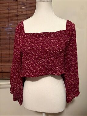 Tree of Life Burgundy Floral Smocked Square-Neck Blouse